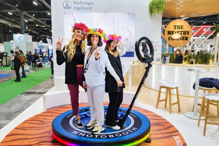 Guests posing on the 360 photo booth platform at a corporate event